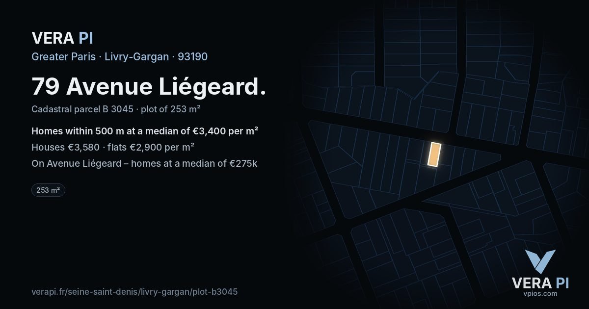 79 Avenue Liégeard, Livry-Gargan at night – the plot lit, the parcels around coloured by the prices near them