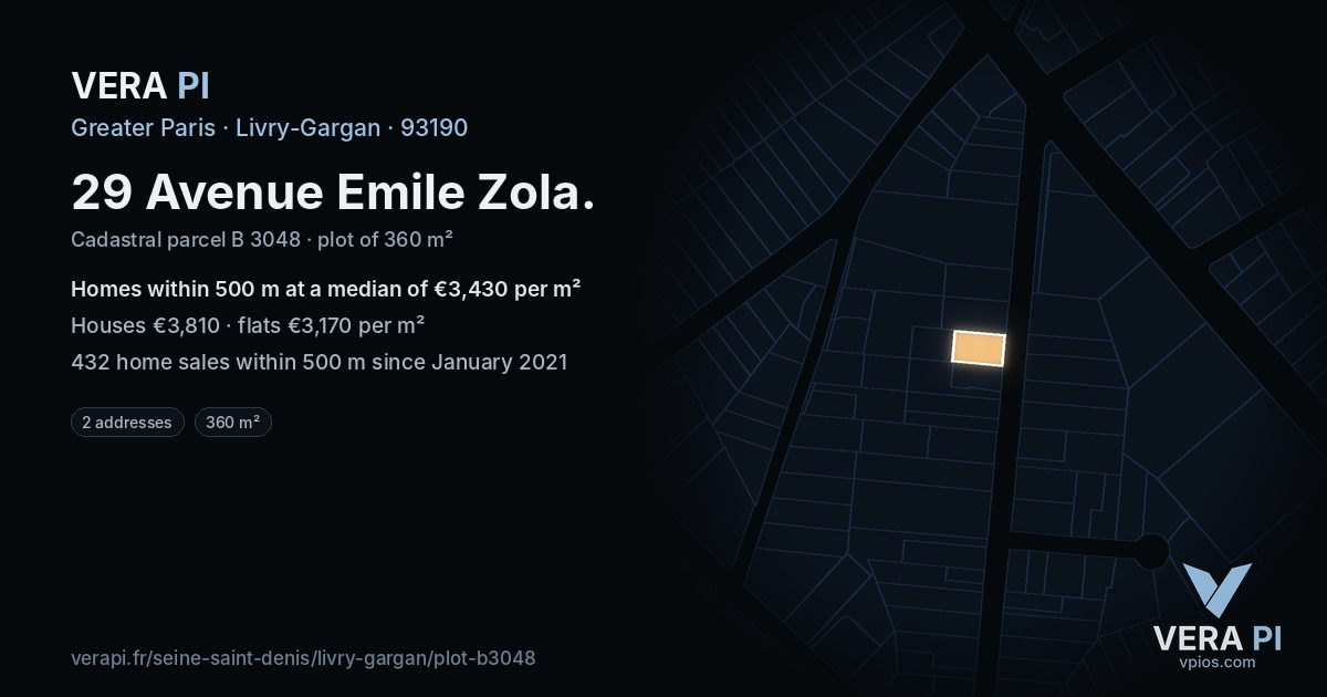 29 Avenue Emile Zola, Livry-Gargan at night – the plot lit, the parcels around coloured by the prices near them
