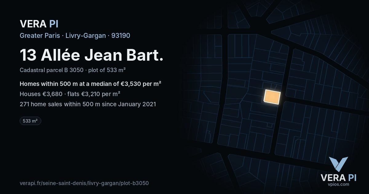 13 Allée Jean Bart, Livry-Gargan at night – the plot lit, the parcels around coloured by the prices near them