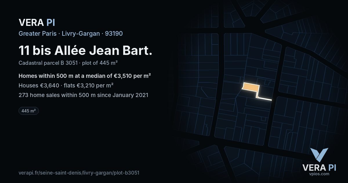 11 bis Allée Jean Bart, Livry-Gargan at night – the plot lit, the parcels around coloured by the prices near them