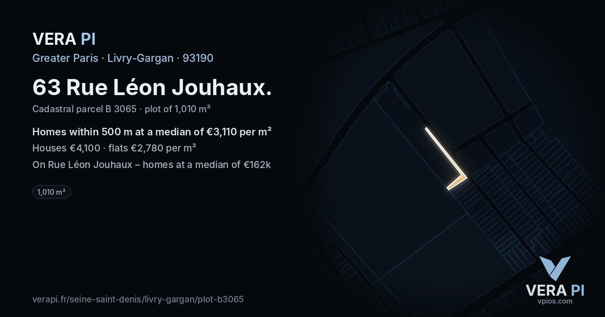63 Rue Léon Jouhaux, Livry-Gargan at night – the plot lit, the parcels around coloured by the prices near them