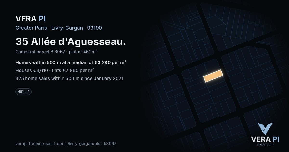 35 Allée d'Aguesseau, Livry-Gargan at night – the plot lit, the parcels around coloured by the prices near them