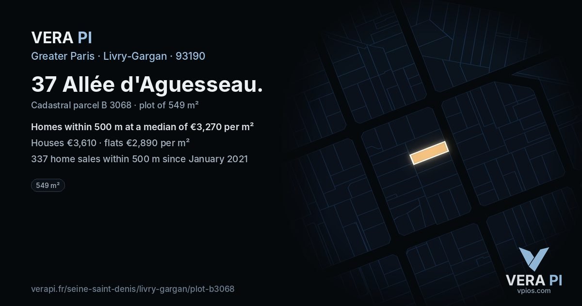 37 Allée d'Aguesseau, Livry-Gargan at night – the plot lit, the parcels around coloured by the prices near them