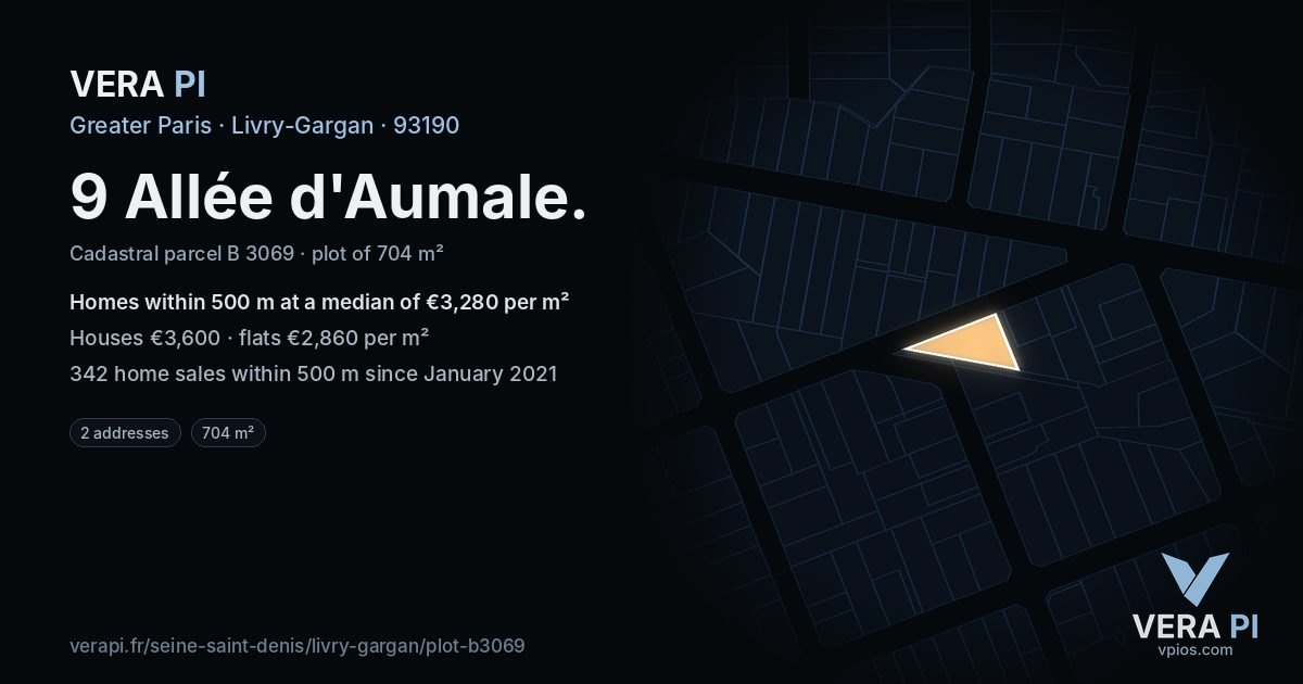 9 Allée d'Aumale, Livry-Gargan at night – the plot lit, the parcels around coloured by the prices near them
