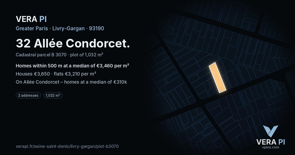 32 Allée Condorcet, Livry-Gargan at night – the plot lit, the parcels around coloured by the prices near them
