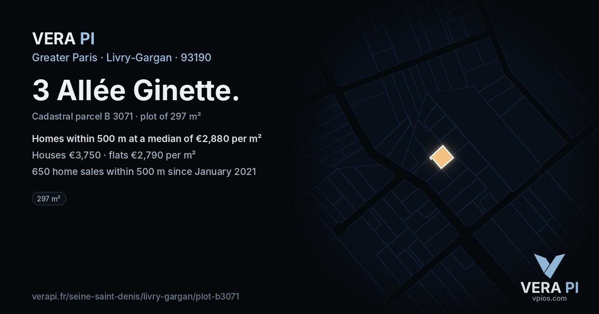 3 Allée Ginette, Livry-Gargan at night – the plot lit, the parcels around coloured by the prices near them