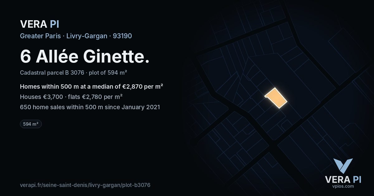 6 Allée Ginette, Livry-Gargan at night – the plot lit, the parcels around coloured by the prices near them