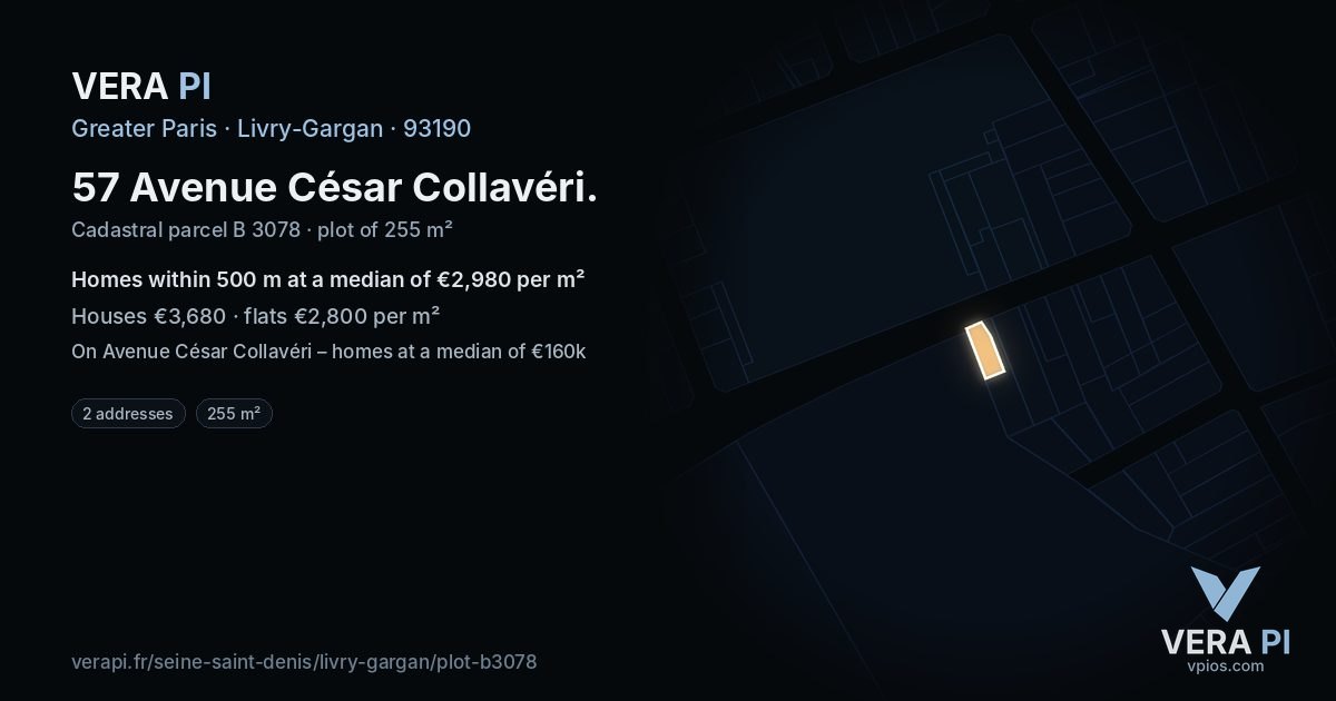 57 Avenue César Collavéri, Livry-Gargan at night – the plot lit, the parcels around coloured by the prices near them