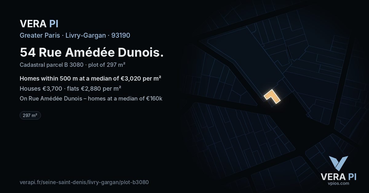 54 Rue Amédée Dunois, Livry-Gargan at night – the plot lit, the parcels around coloured by the prices near them