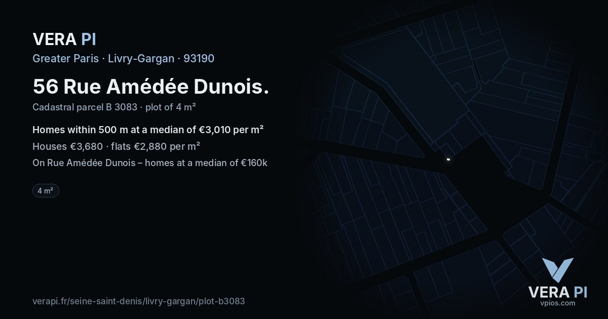 56 Rue Amédée Dunois, Livry-Gargan at night – the plot lit, the parcels around coloured by the prices near them