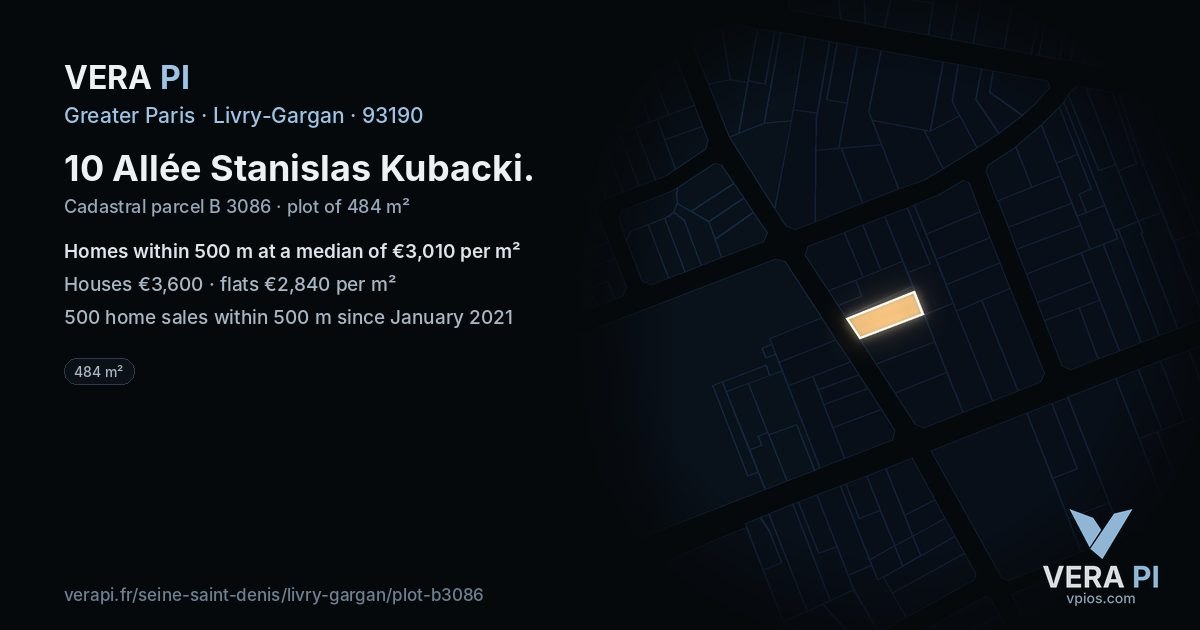 10 Allée Stanislas Kubacki, Livry-Gargan at night – the plot lit, the parcels around coloured by the prices near them