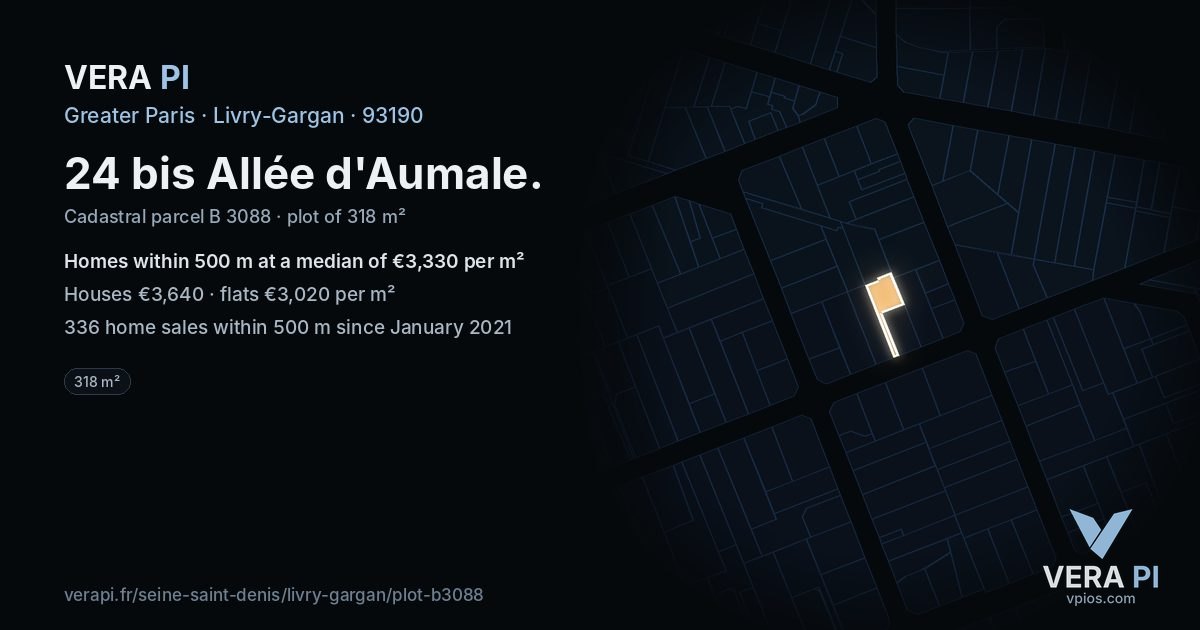 24 bis Allée d'Aumale, Livry-Gargan at night – the plot lit, the parcels around coloured by the prices near them