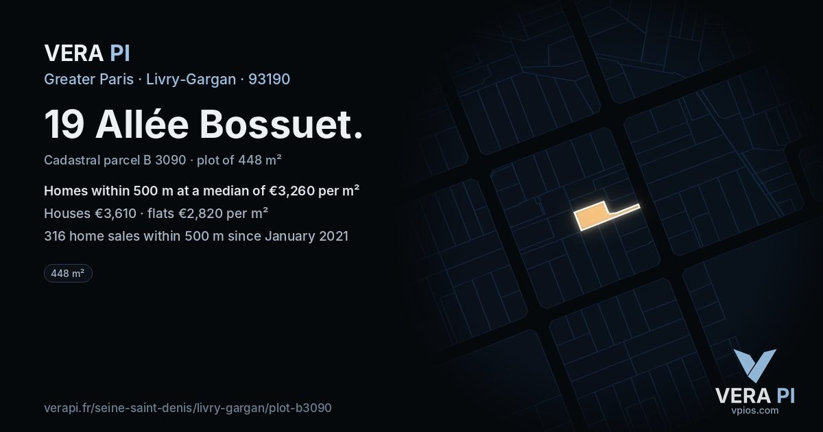 19 Allée Bossuet, Livry-Gargan at night – the plot lit, the parcels around coloured by the prices near them