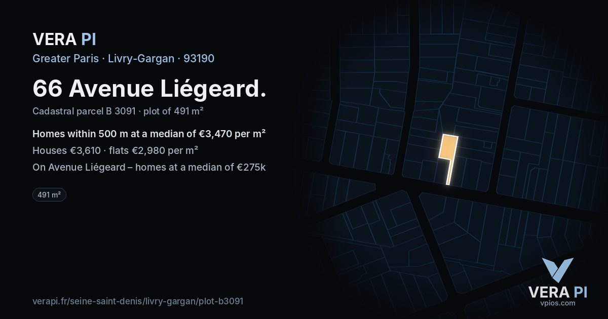 66 Avenue Liégeard, Livry-Gargan at night – the plot lit, the parcels around coloured by the prices near them