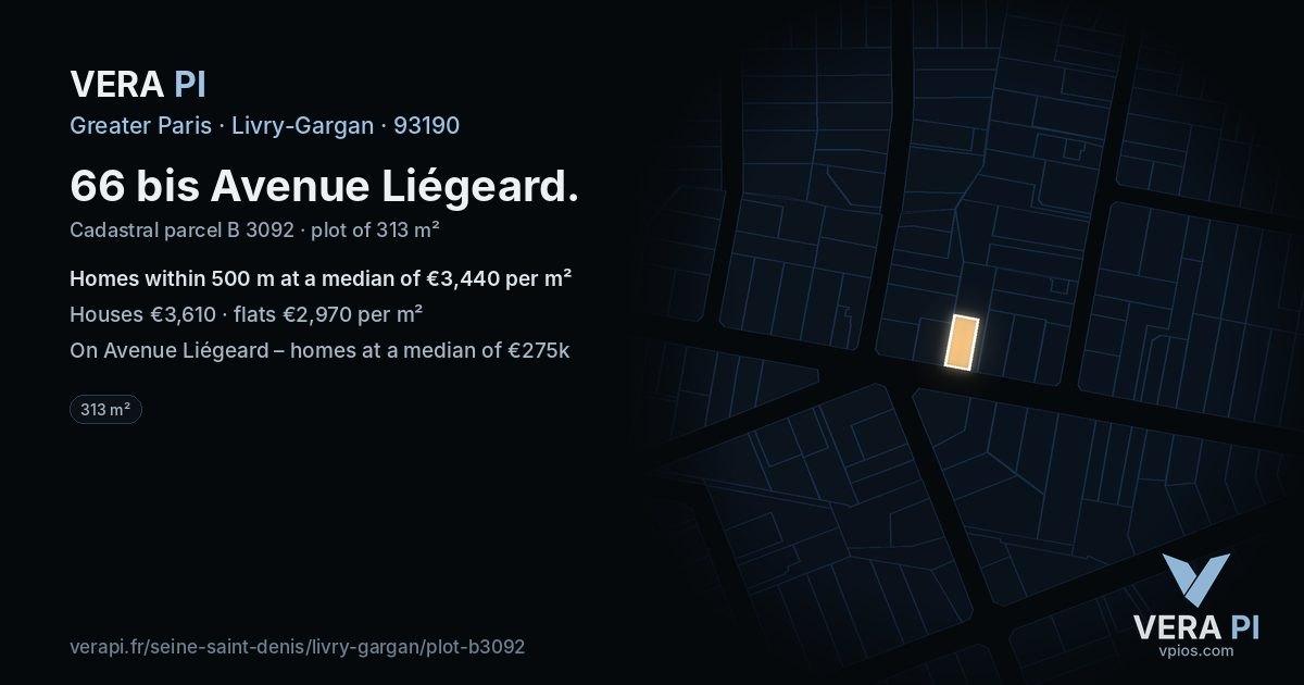 66 bis Avenue Liégeard, Livry-Gargan at night – the plot lit, the parcels around coloured by the prices near them