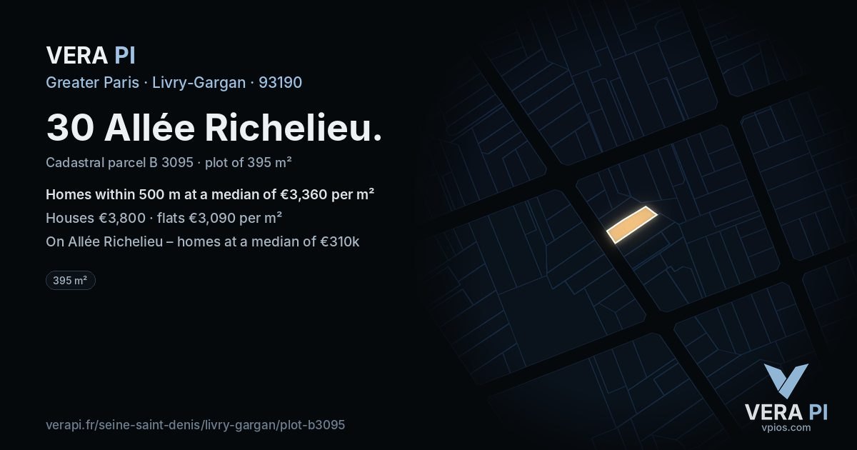 30 Allée Richelieu, Livry-Gargan at night – the plot lit, the parcels around coloured by the prices near them