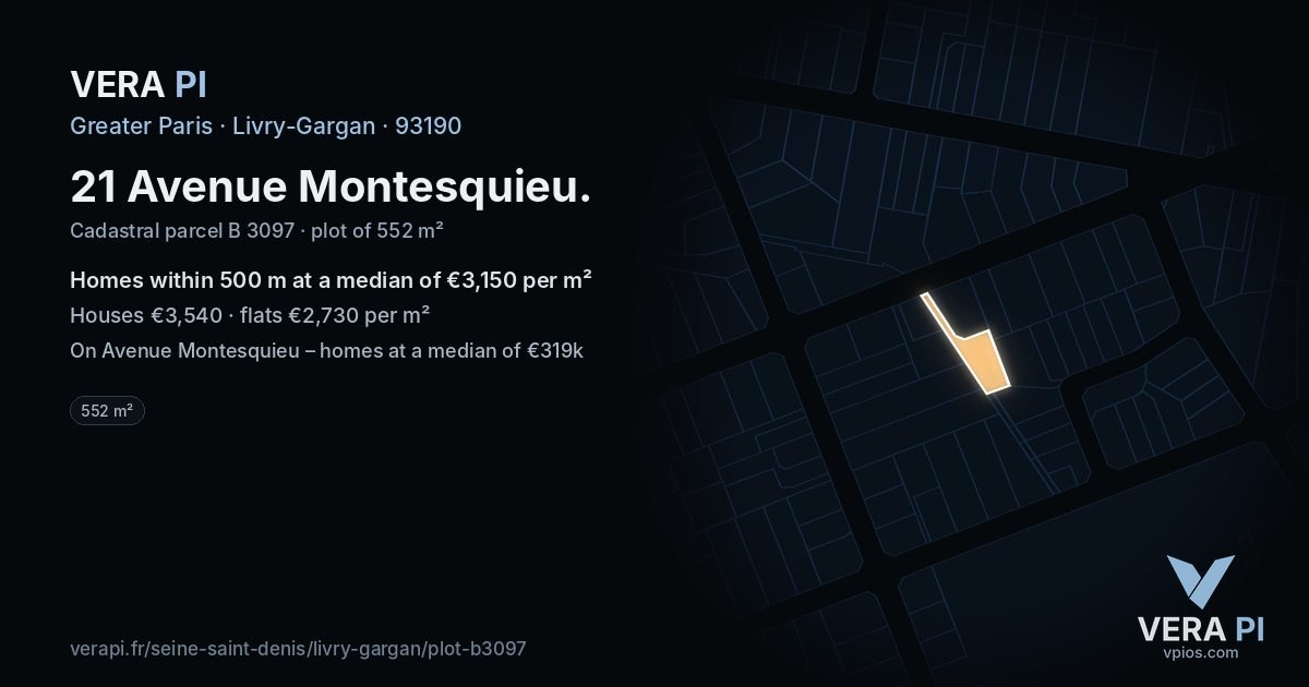 21 Avenue Montesquieu, Livry-Gargan at night – the plot lit, the parcels around coloured by the prices near them