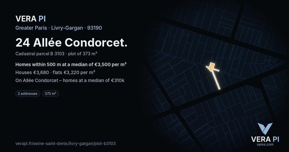 24 Allée Condorcet, Livry-Gargan at night – the plot lit, the parcels around coloured by the prices near them