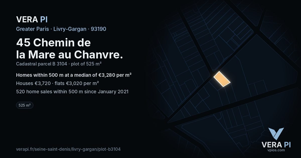 45 Chemin de la Mare au Chanvre, Livry-Gargan at night – the plot lit, the parcels around coloured by the prices near them