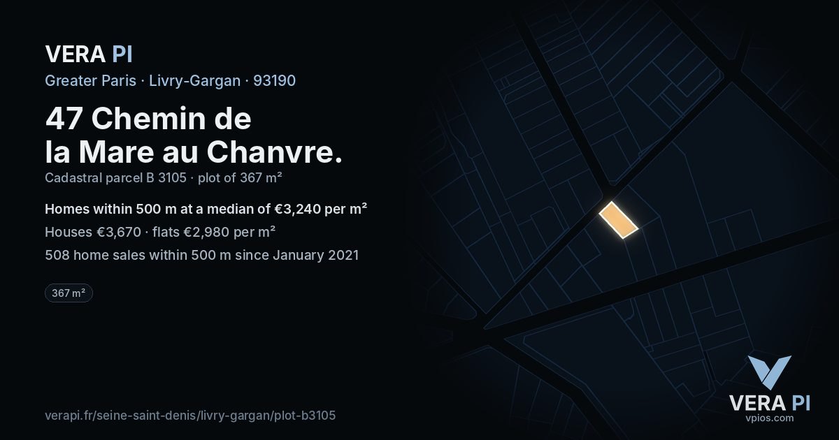 47 Chemin de la Mare au Chanvre, Livry-Gargan at night – the plot lit, the parcels around coloured by the prices near them