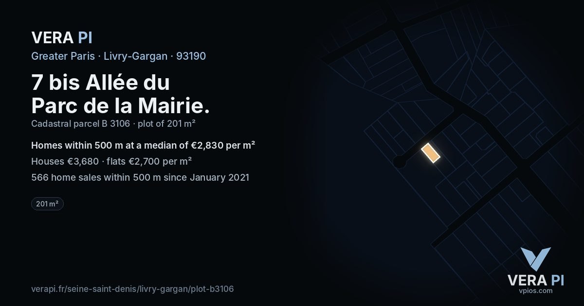 7 bis Allée du Parc de la Mairie, Livry-Gargan at night – the plot lit, the parcels around coloured by the prices near them