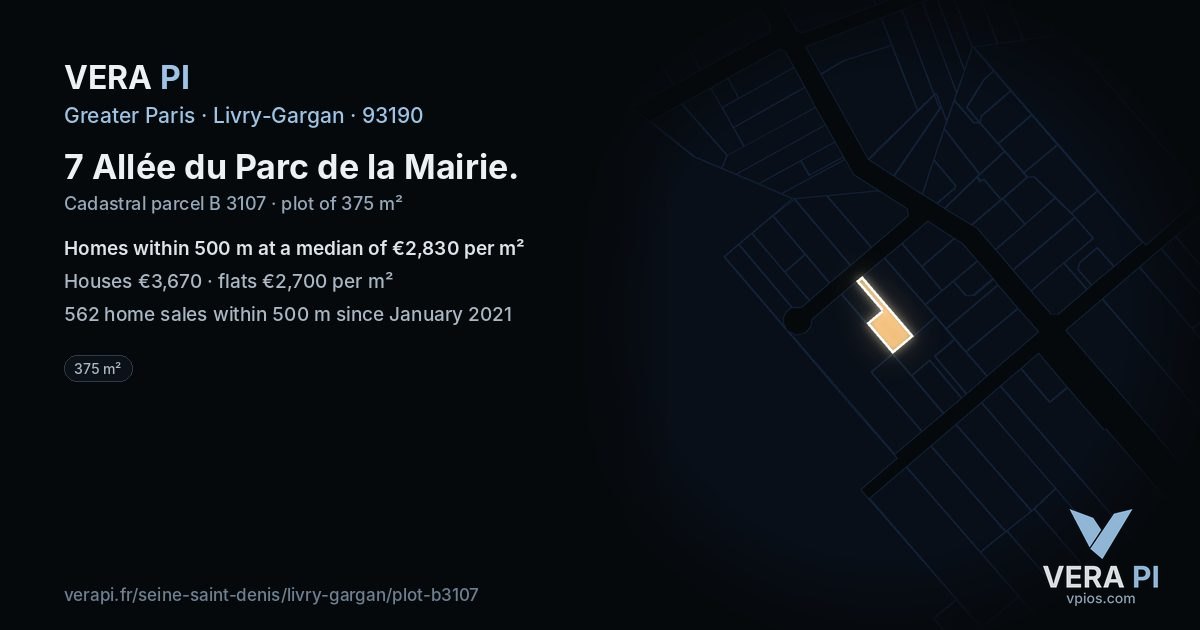 7 Allée du Parc de la Mairie, Livry-Gargan at night – the plot lit, the parcels around coloured by the prices near them