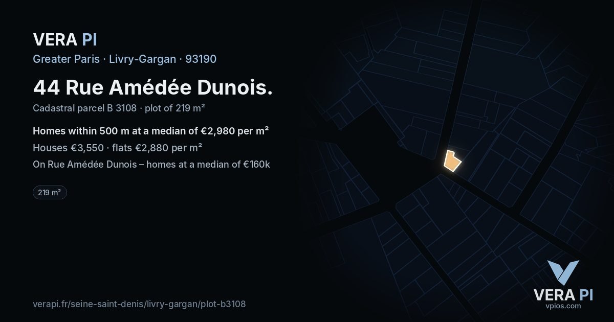 44 Rue Amédée Dunois, Livry-Gargan at night – the plot lit, the parcels around coloured by the prices near them