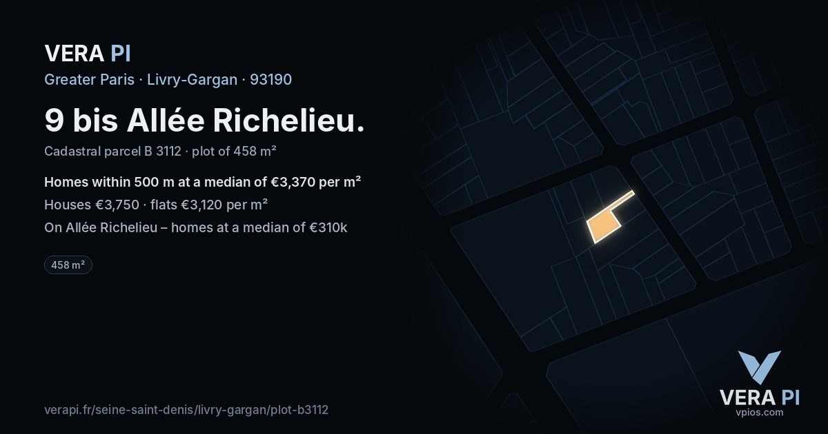 9 bis Allée Richelieu, Livry-Gargan at night – the plot lit, the parcels around coloured by the prices near them