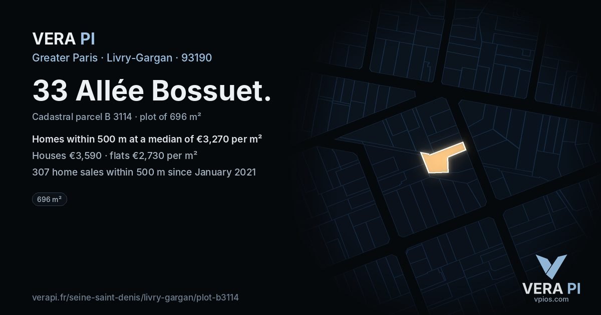 33 Allée Bossuet, Livry-Gargan at night – the plot lit, the parcels around coloured by the prices near them