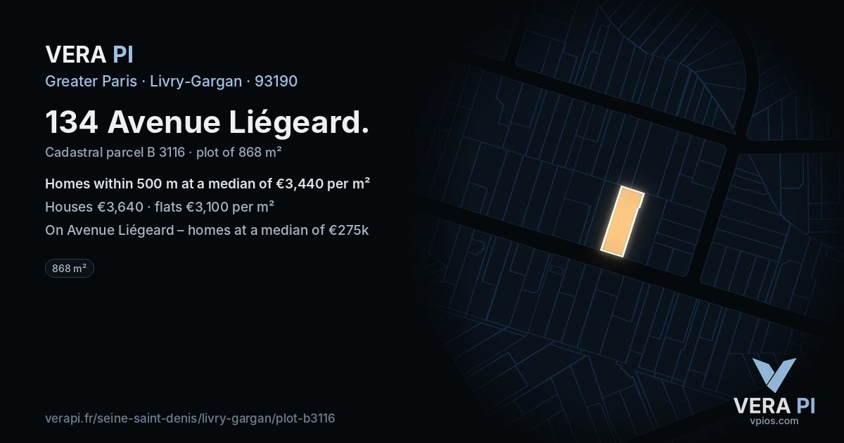 134 Avenue Liégeard, Livry-Gargan at night – the plot lit, the parcels around coloured by the prices near them