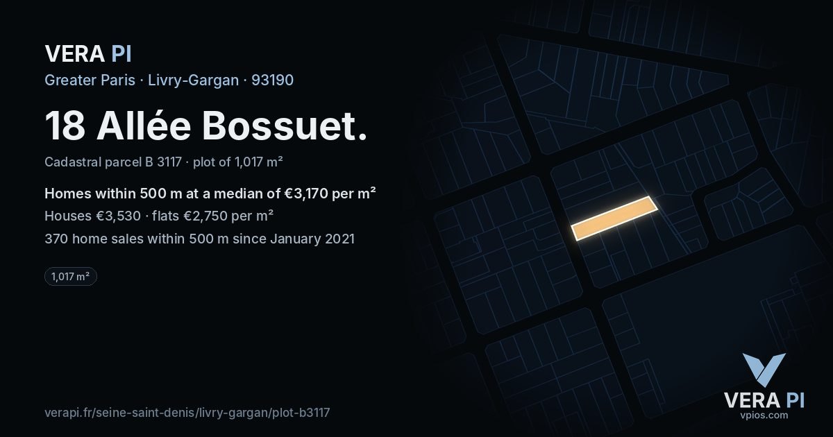 18 Allée Bossuet, Livry-Gargan at night – the plot lit, the parcels around coloured by the prices near them