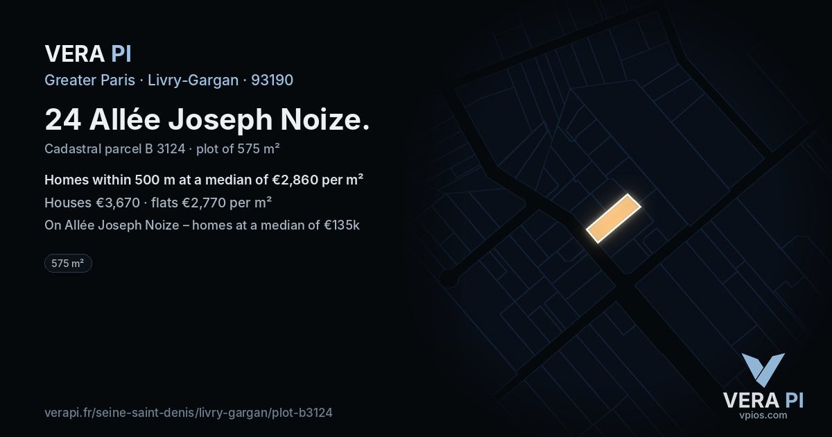 24 Allée Joseph Noize, Livry-Gargan at night – the plot lit, the parcels around coloured by the prices near them