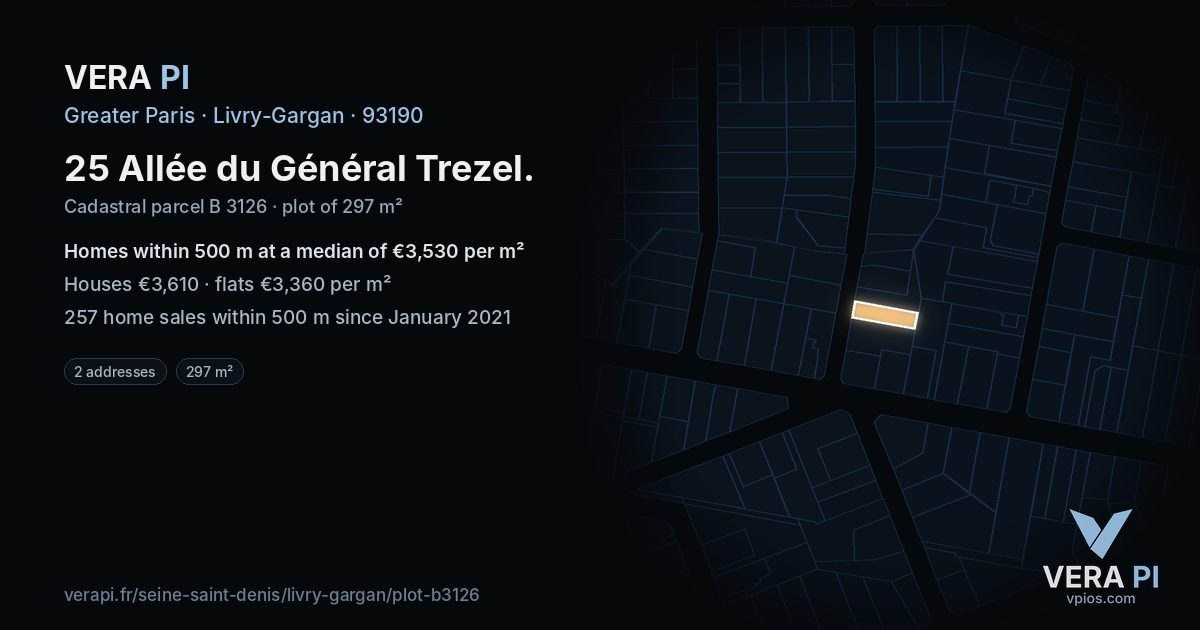25 Allée du Général Trezel, Livry-Gargan at night – the plot lit, the parcels around coloured by the prices near them