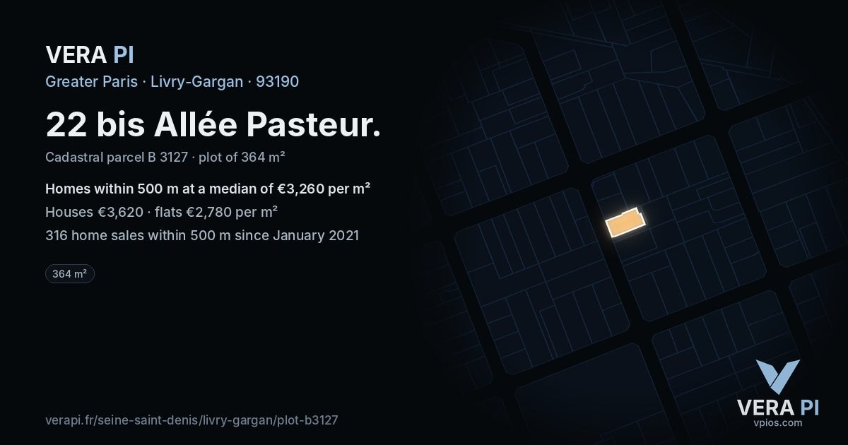 22 bis Allée Pasteur, Livry-Gargan at night – the plot lit, the parcels around coloured by the prices near them