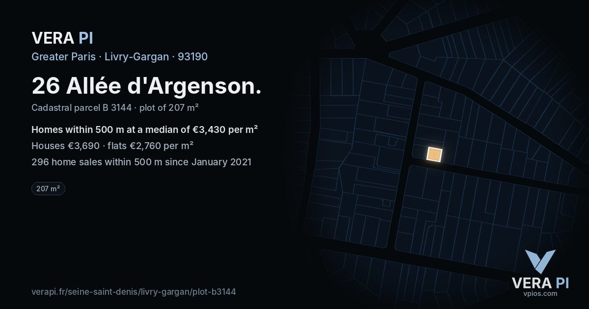 26 Allée d'Argenson, Livry-Gargan at night – the plot lit, the parcels around coloured by the prices near them