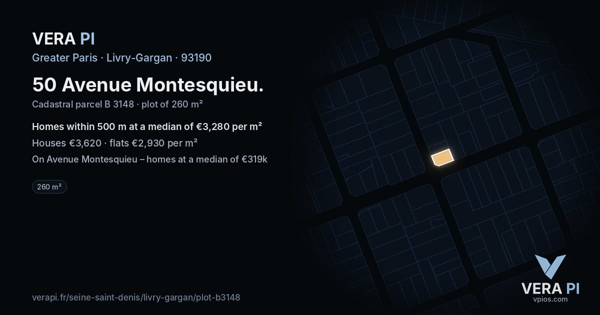50 Avenue Montesquieu, Livry-Gargan at night – the plot lit, the parcels around coloured by the prices near them