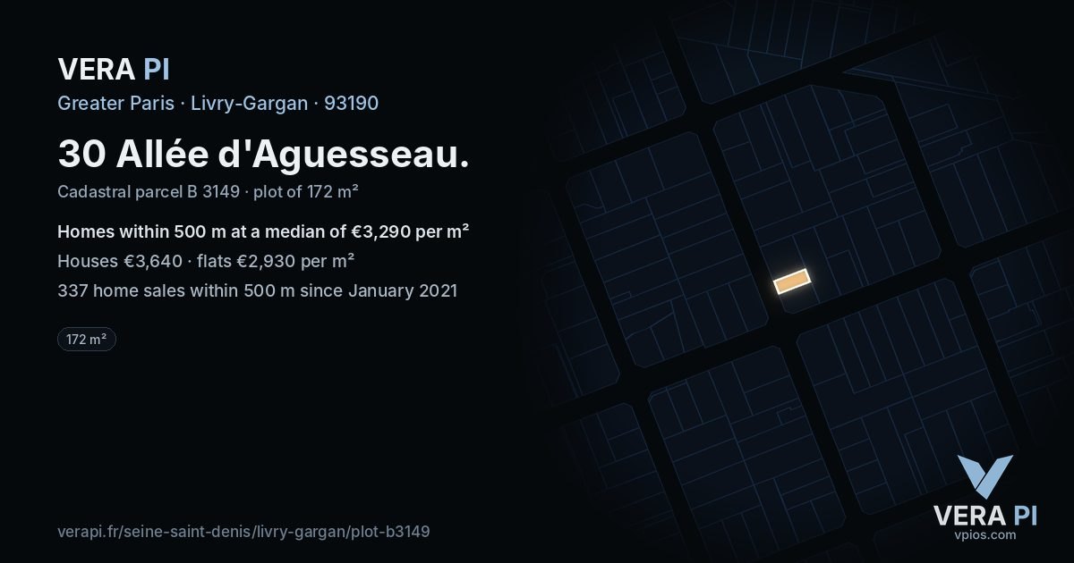 30 Allée d'Aguesseau, Livry-Gargan at night – the plot lit, the parcels around coloured by the prices near them