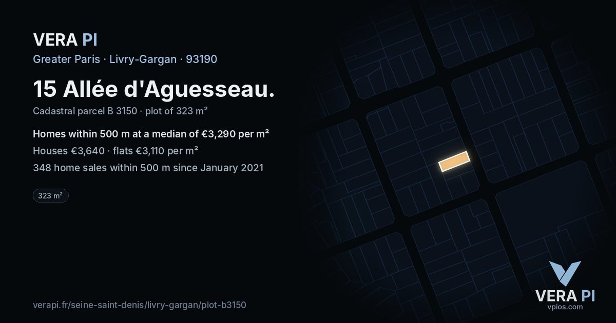15 Allée d'Aguesseau, Livry-Gargan at night – the plot lit, the parcels around coloured by the prices near them