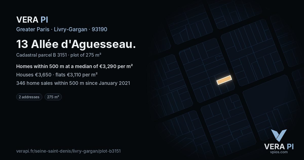 13 Allée d'Aguesseau, Livry-Gargan at night – the plot lit, the parcels around coloured by the prices near them