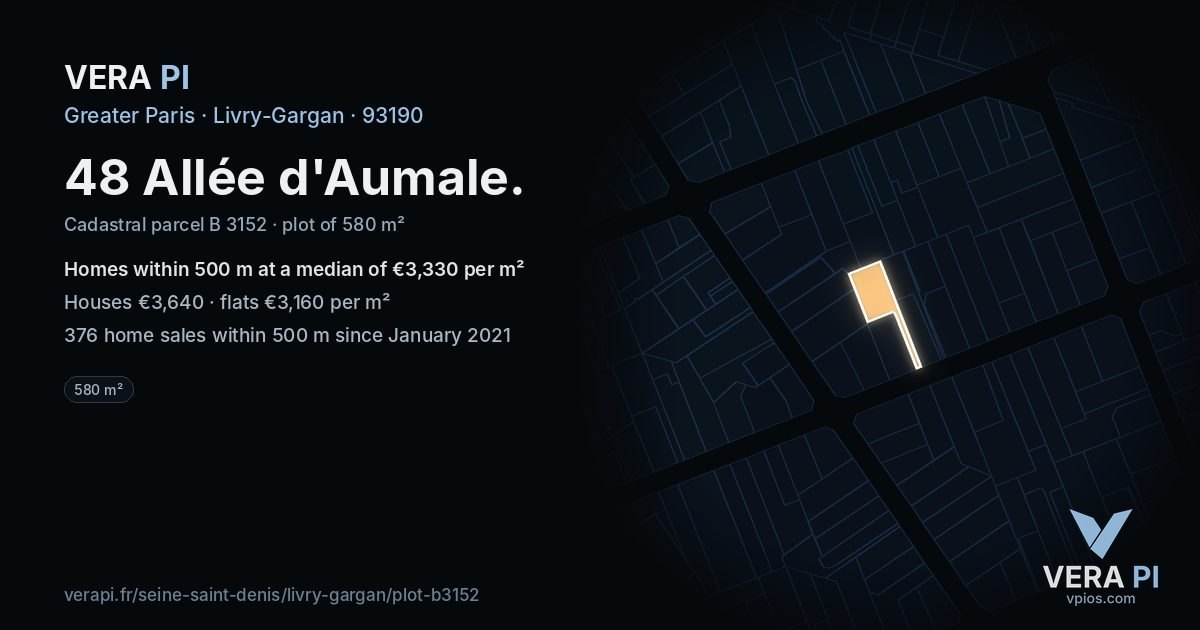48 Allée d'Aumale, Livry-Gargan at night – the plot lit, the parcels around coloured by the prices near them