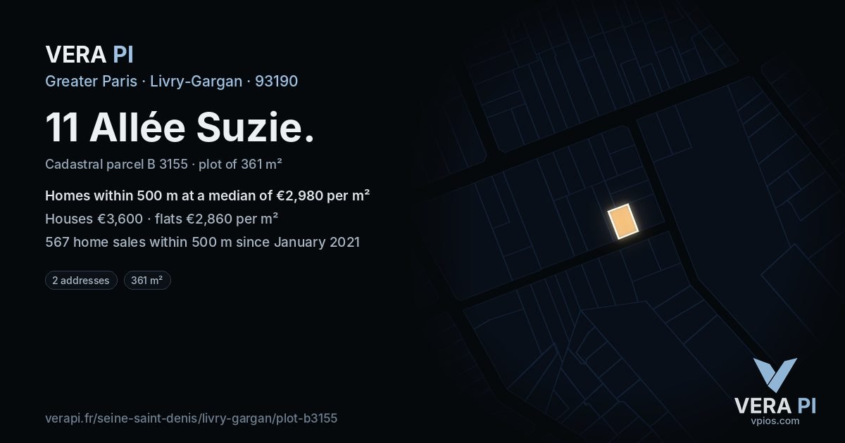 11 Allée Suzie, Livry-Gargan at night – the plot lit, the parcels around coloured by the prices near them