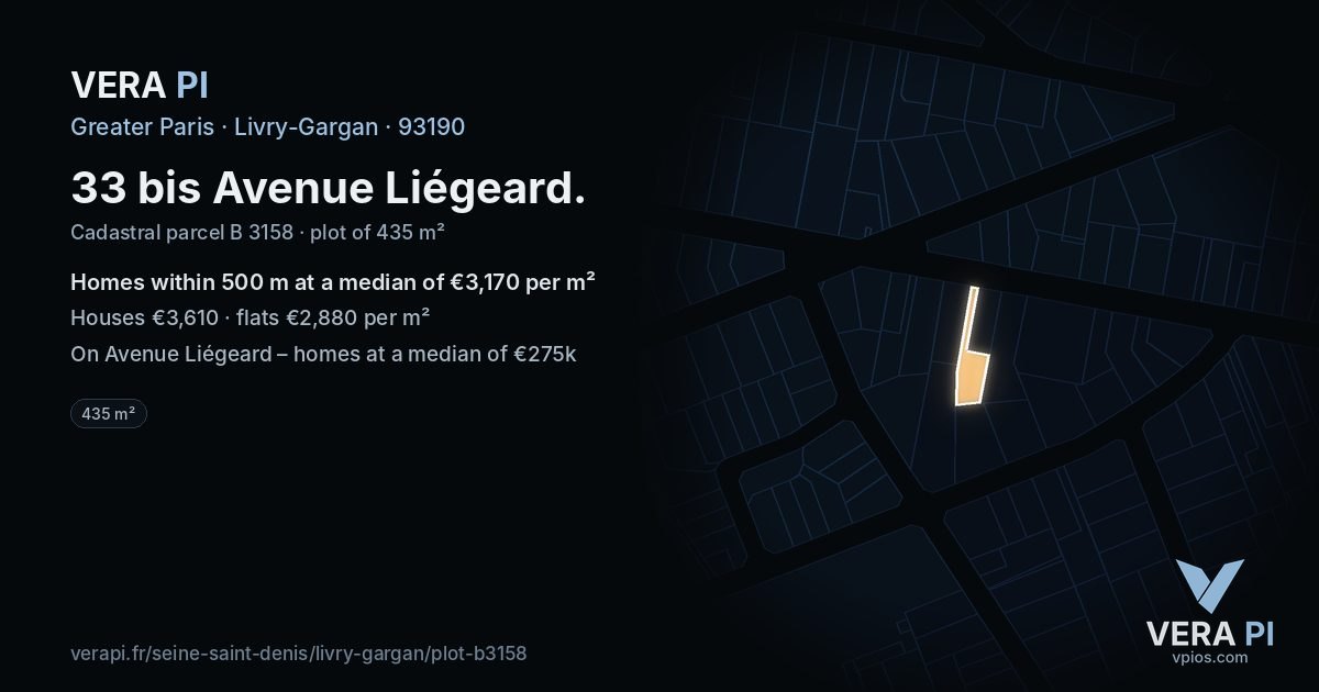 33 bis Avenue Liégeard, Livry-Gargan at night – the plot lit, the parcels around coloured by the prices near them