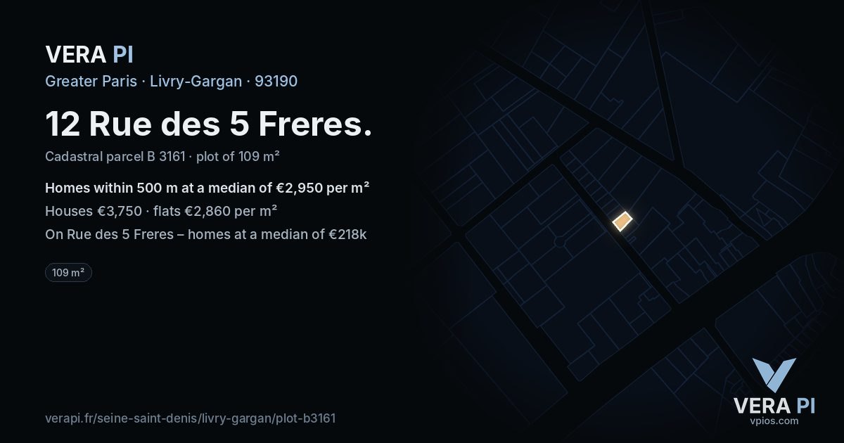12 Rue des 5 Freres, Livry-Gargan at night – the plot lit, the parcels around coloured by the prices near them