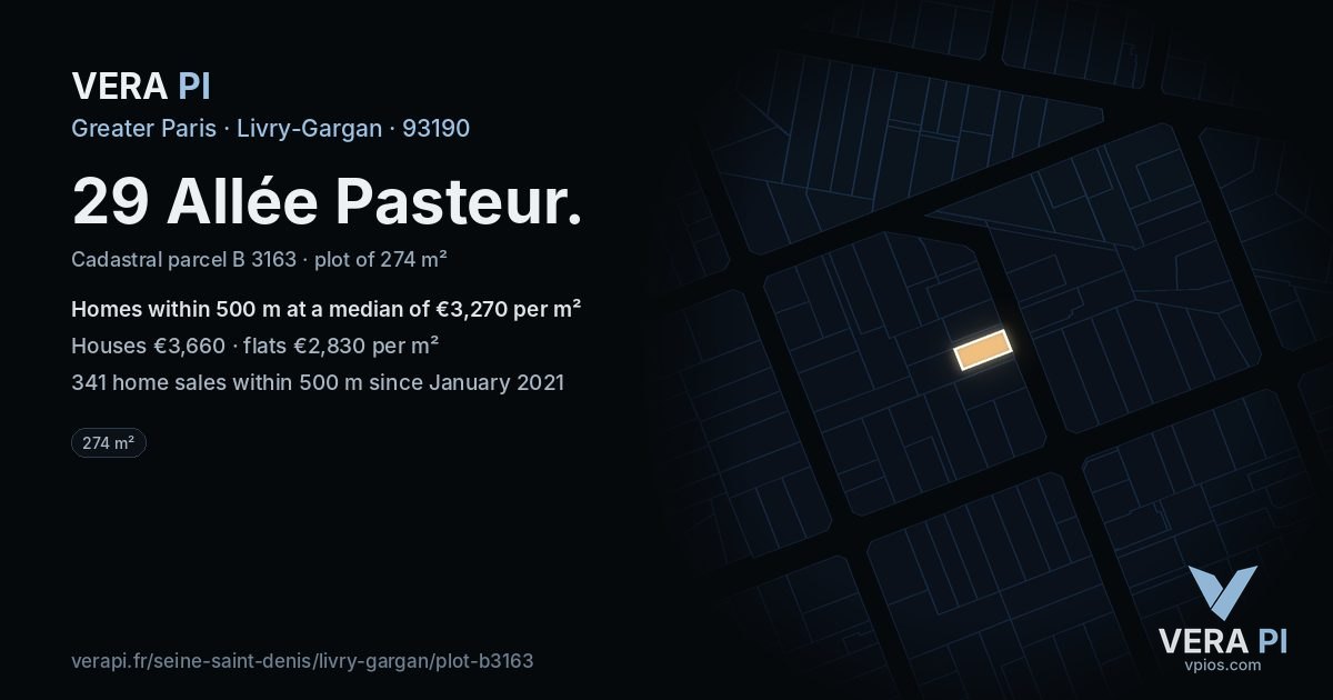 29 Allée Pasteur, Livry-Gargan at night – the plot lit, the parcels around coloured by the prices near them