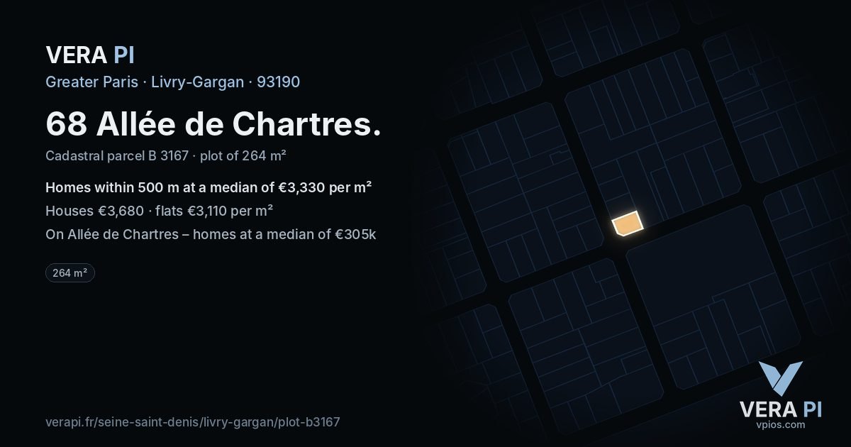 68 Allée de Chartres, Livry-Gargan at night – the plot lit, the parcels around coloured by the prices near them