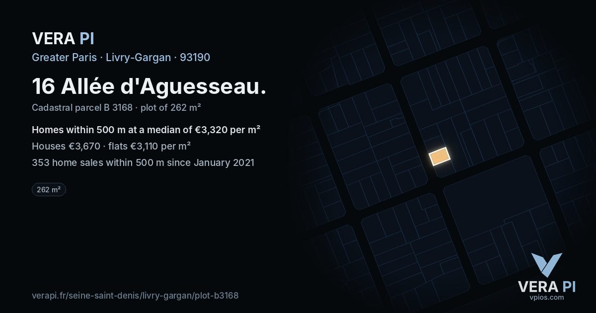16 Allée d'Aguesseau, Livry-Gargan at night – the plot lit, the parcels around coloured by the prices near them