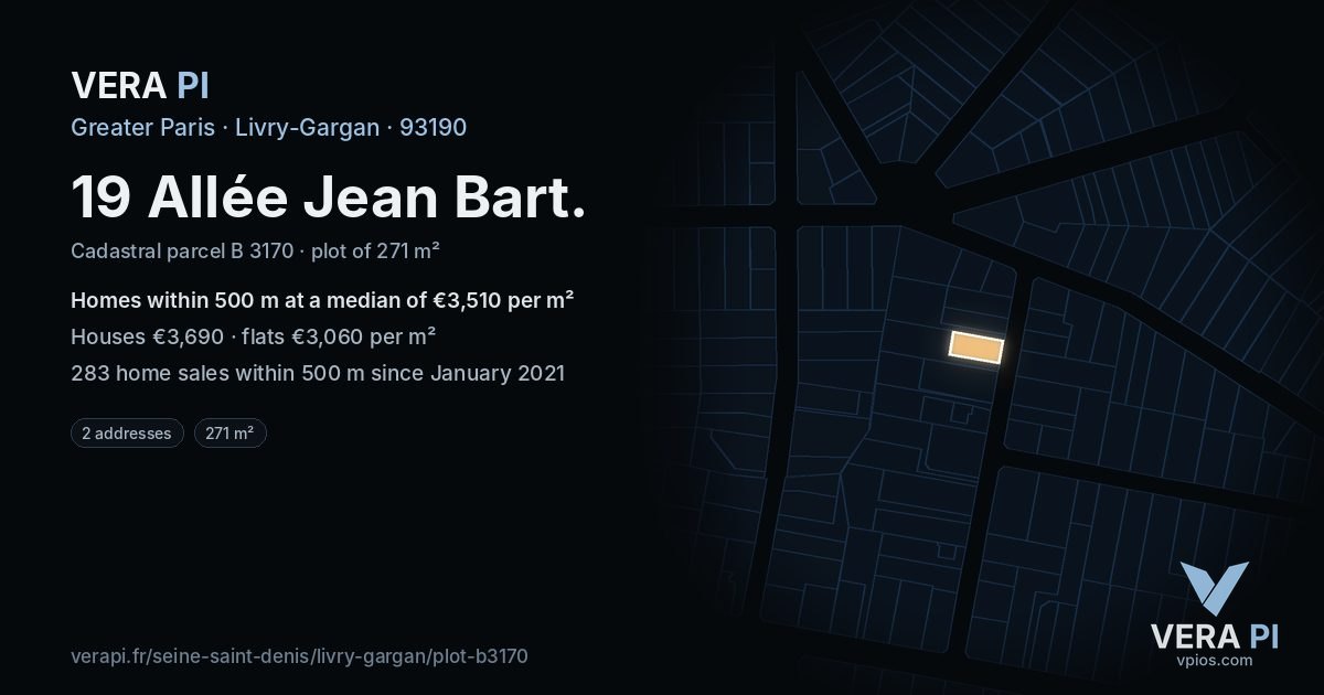 19 Allée Jean Bart, Livry-Gargan at night – the plot lit, the parcels around coloured by the prices near them
