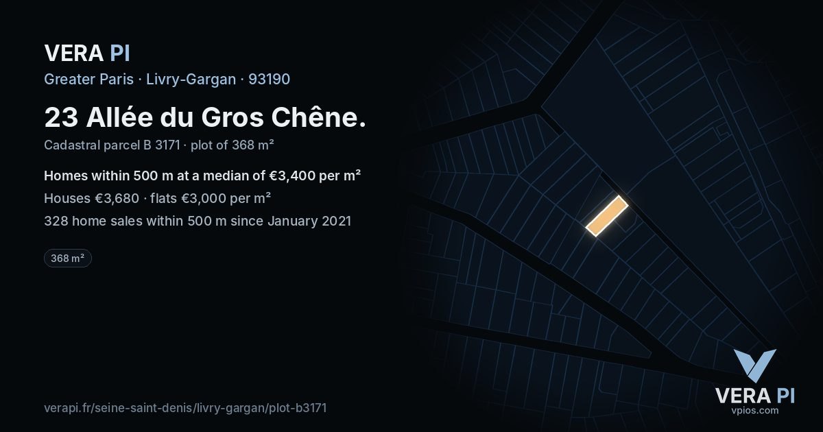 23 Allée du Gros Chêne, Livry-Gargan at night – the plot lit, the parcels around coloured by the prices near them