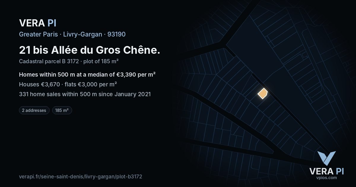 21 bis Allée du Gros Chêne, Livry-Gargan at night – the plot lit, the parcels around coloured by the prices near them