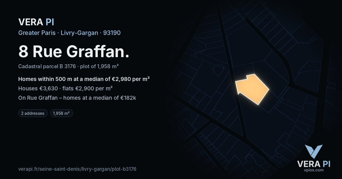 8 Rue Graffan, Livry-Gargan at night – the plot lit, the parcels around coloured by the prices near them